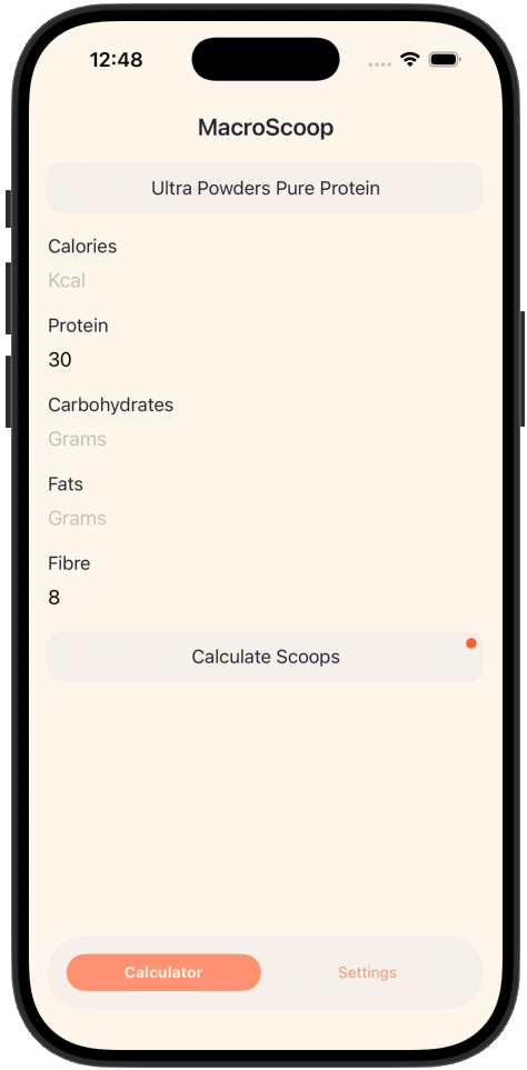 MacroLens main calculator screen.